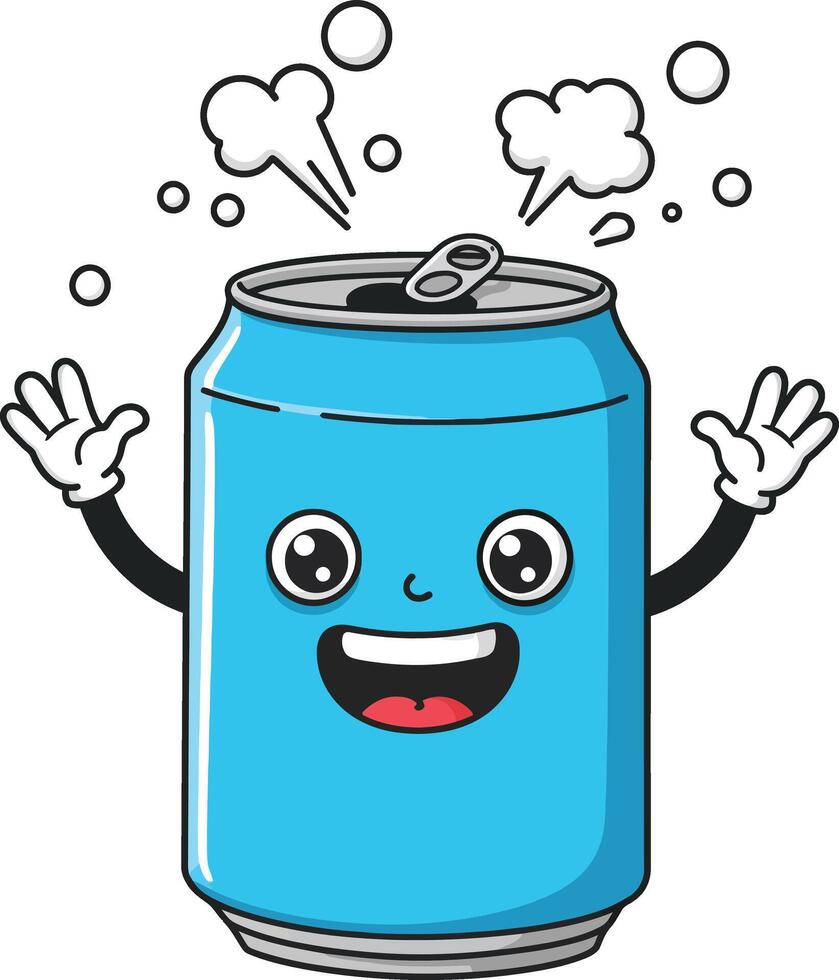Blue soda can with happy cartoon face and bubbles illustration cheerful beverage design vector