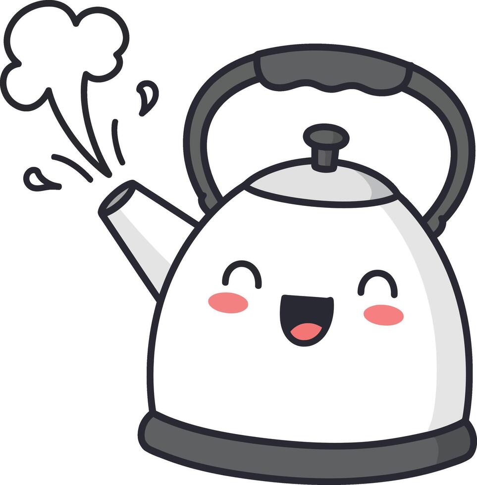 Cute happy kettle whistling with steam coming out cartoon illustration vector