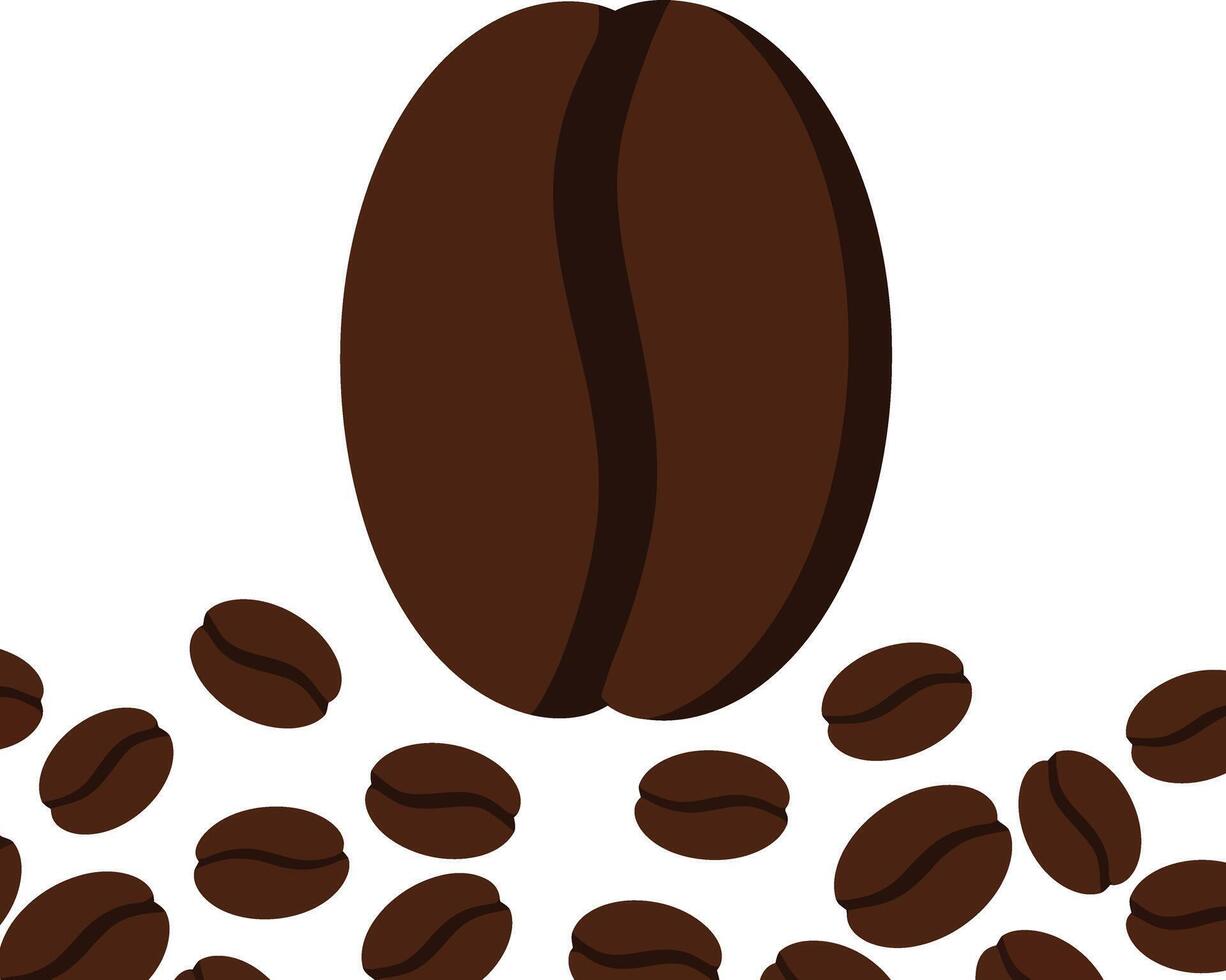 Coffee beans illustration with single large bean and scattered smaller beans in brown colors for beverage themes vector