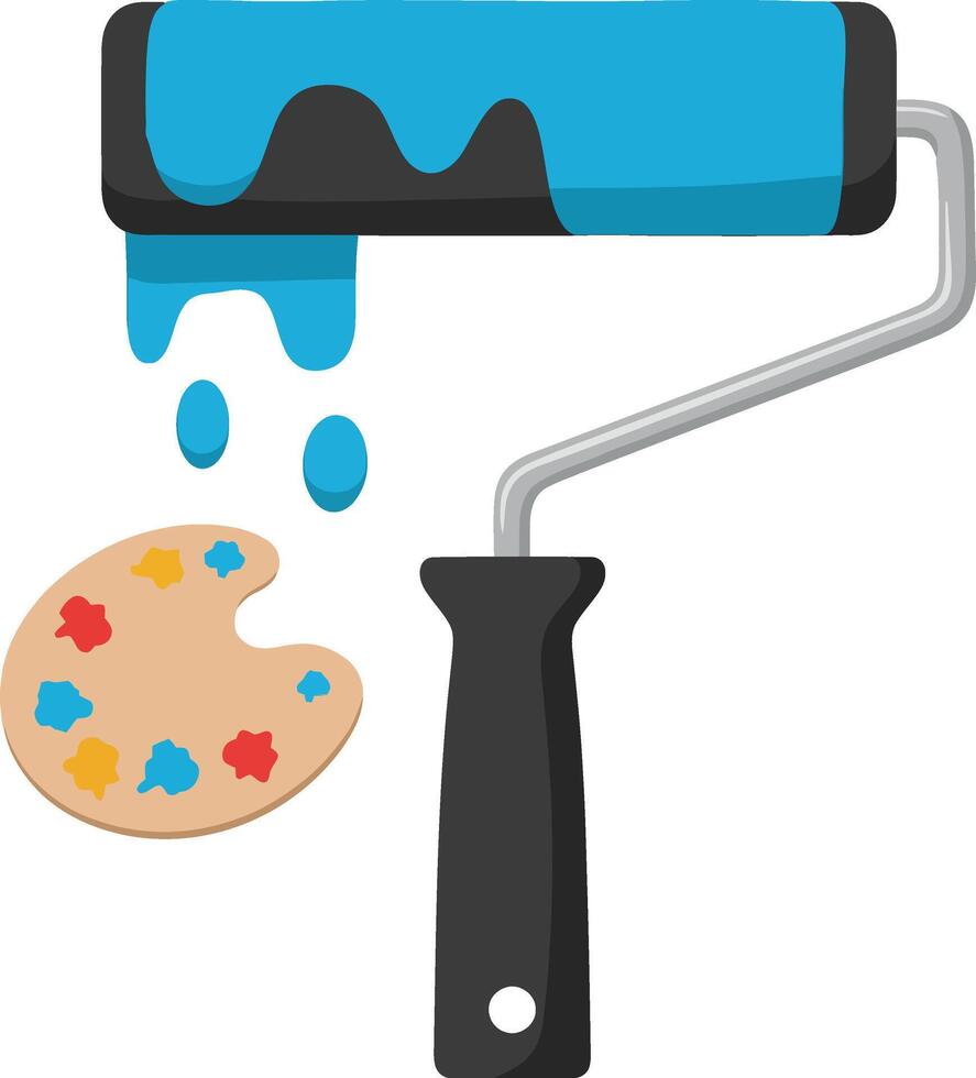 Paint roller with blue paint dripping and artist palette with colorful paint spots illustration vector