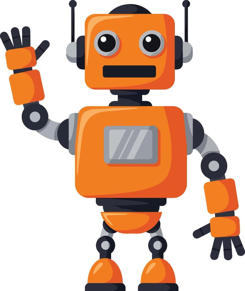 Friendly orange robot waving hand with black and gray mechanical parts illustration vector