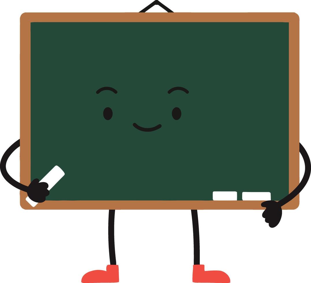 Cute green chalkboard character with smiling face holding chalk and eraser illustration vector