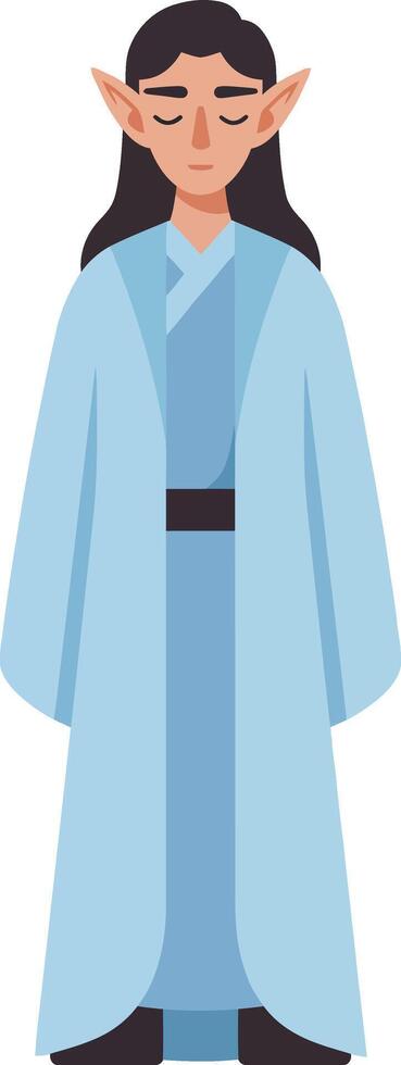 Elf character in traditional blue robe standing with closed eyes peaceful fantasy figure illustration vector