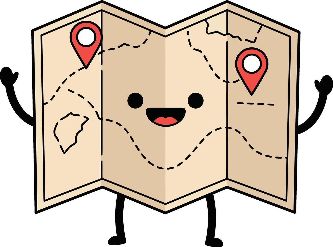 Cute smiling cartoon map with location markers and arms waving illustration vector