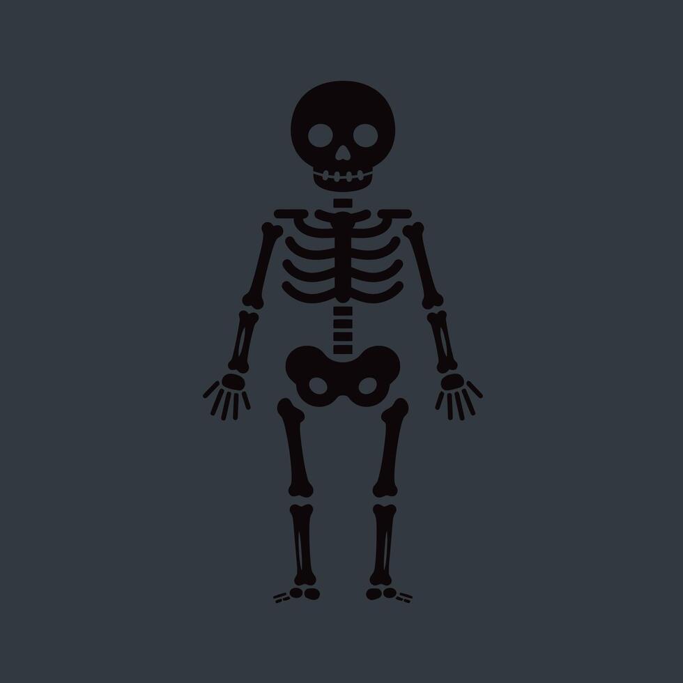 Human skeleton illustration with black bones on dark gray background in simple flat style graphic vector