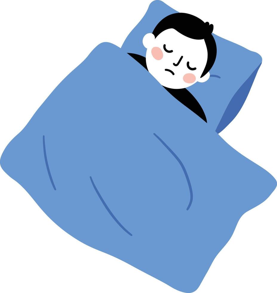 Sick person sleeping in bed with blue blanket feeling unwell and tired illustration vector