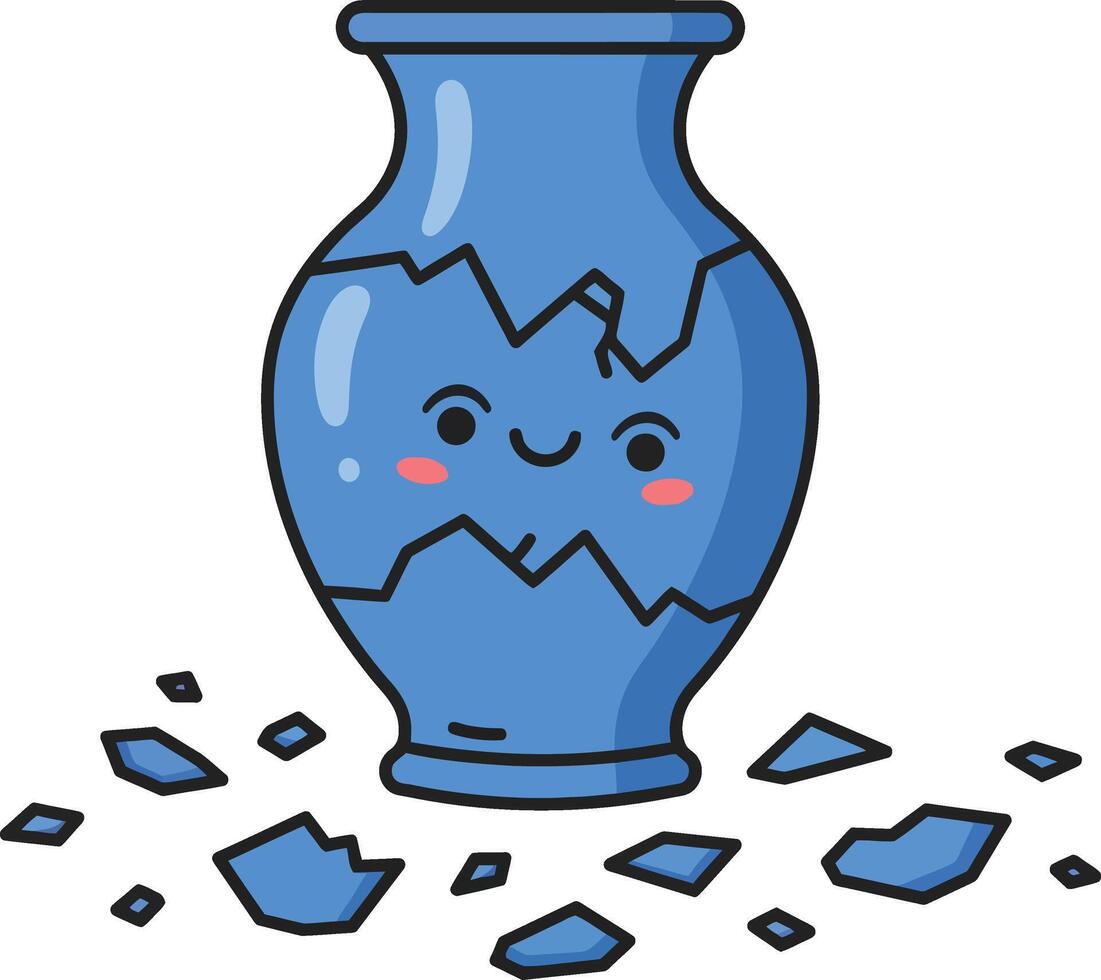Broken blue ceramic vase with happy face and scattered pieces illustration for decorative design elements vector