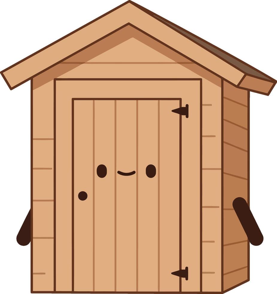 Cute wooden garden shed with smiling face and arms illustration in light brown tones vector