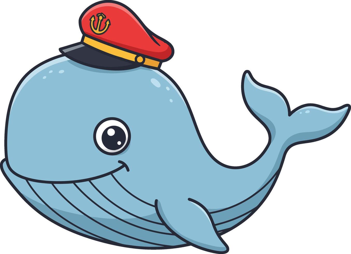 Cute blue whale wearing red captain hat cartoon illustration with happy expression and playful design vector