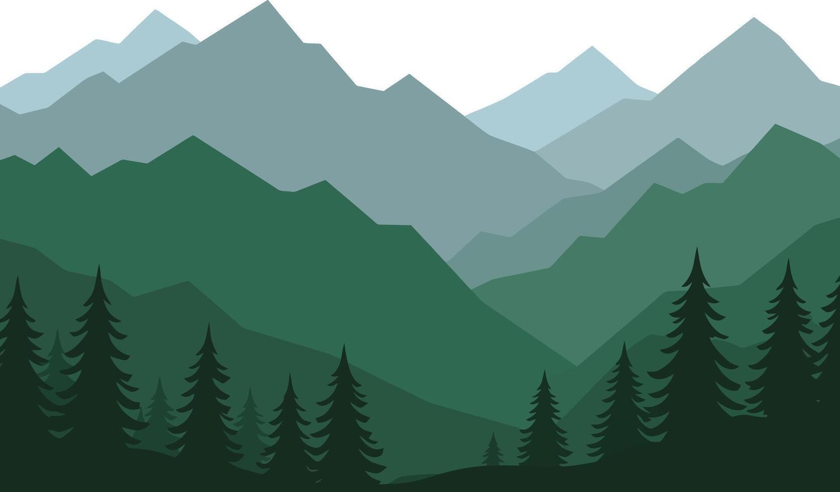 Mountain landscape with layered green shades and forest silhouette in illustration style vector