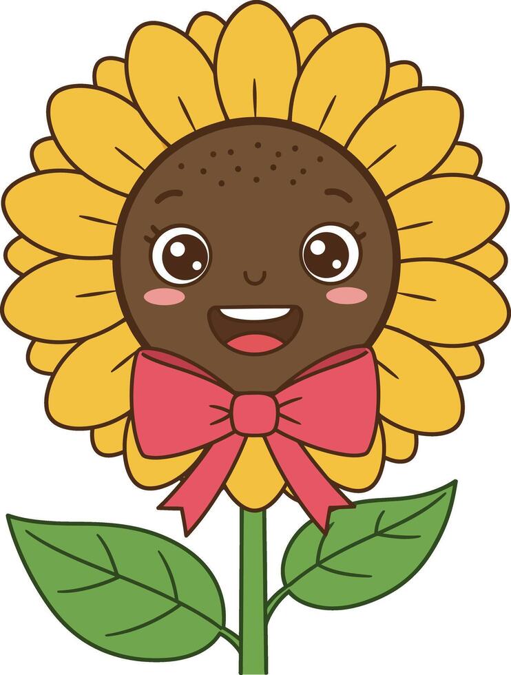 Cute sunflower character with smiling face and red bow tie illustration for kids and nature designs vector