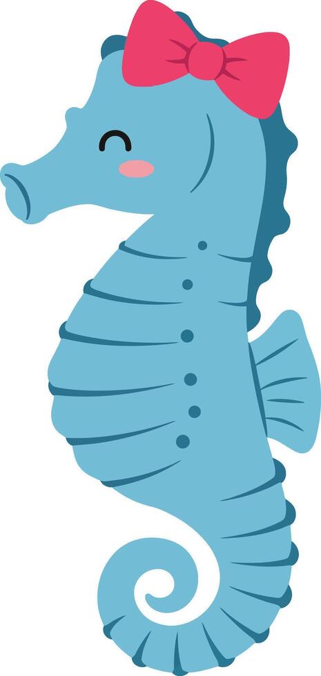 Cute blue seahorse with pink bow adorable aquatic animal cartoon illustration vector