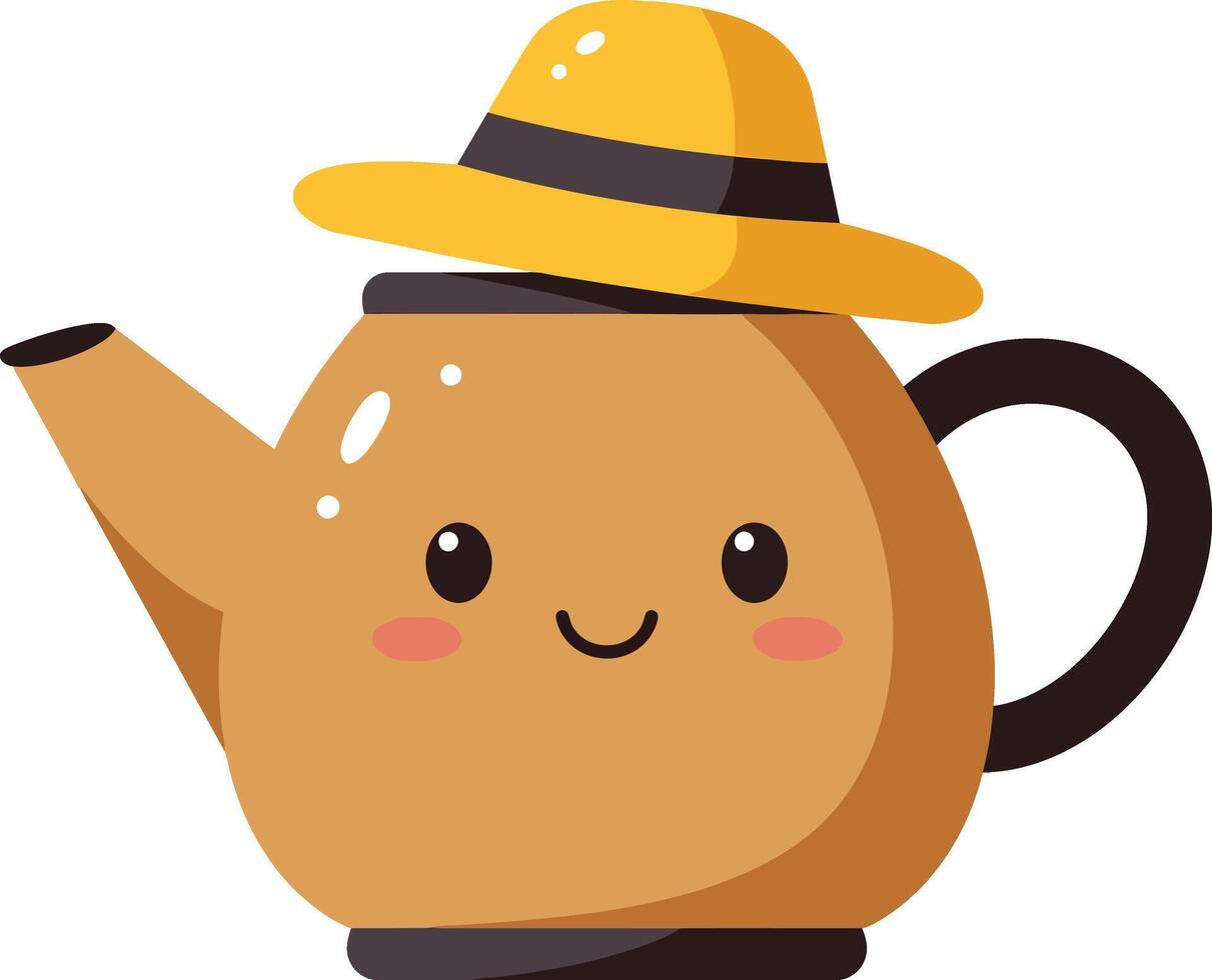 Cute smiling teapot character wearing yellow hat with black band illustration in cartoon style vector