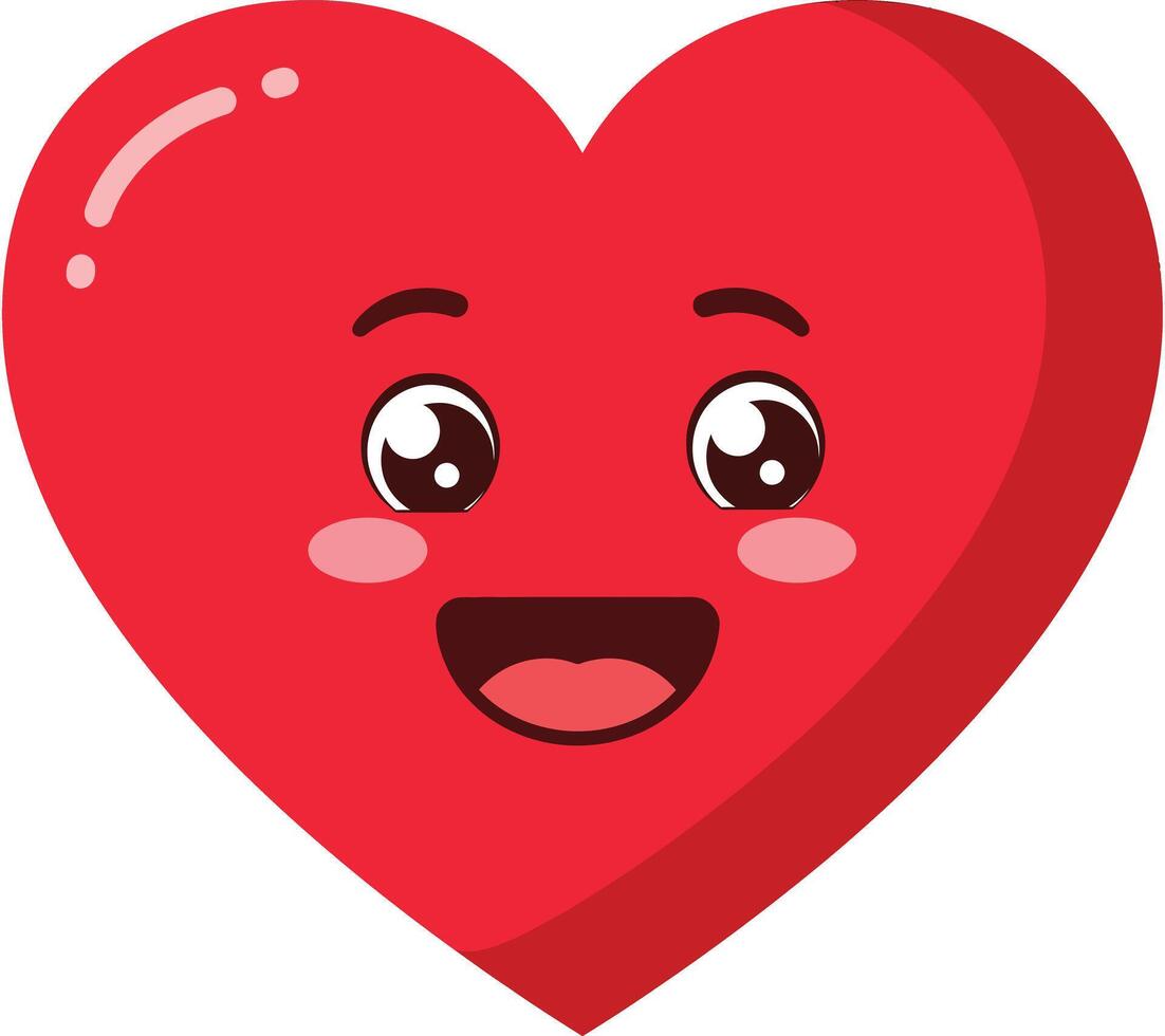 Red smiling heart cartoon character with shiny highlights and happy expression illustration vector