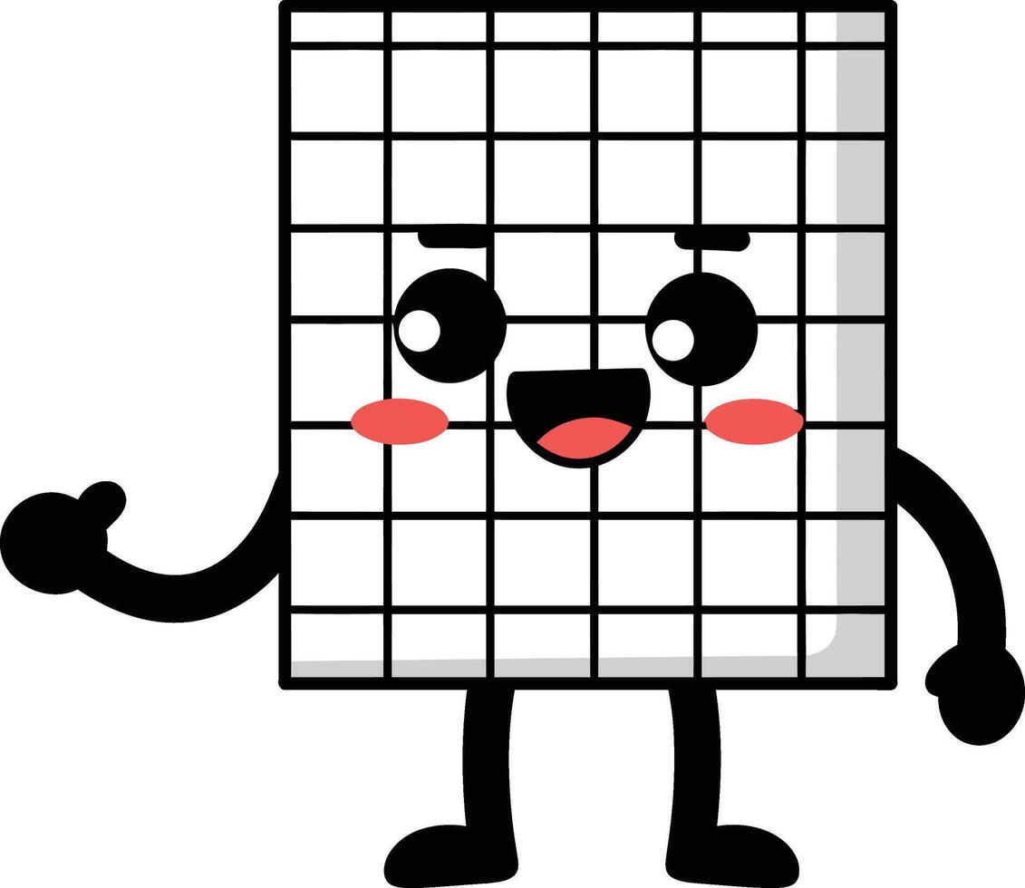 Cute grid notebook character with smiling face and waving hand illustration for school stationery design vector