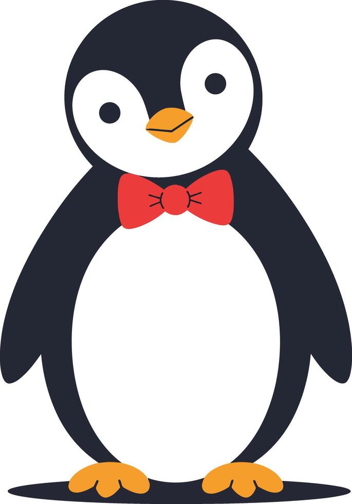 Cute penguin wearing red bow tie standing simple black white orange illustration vector