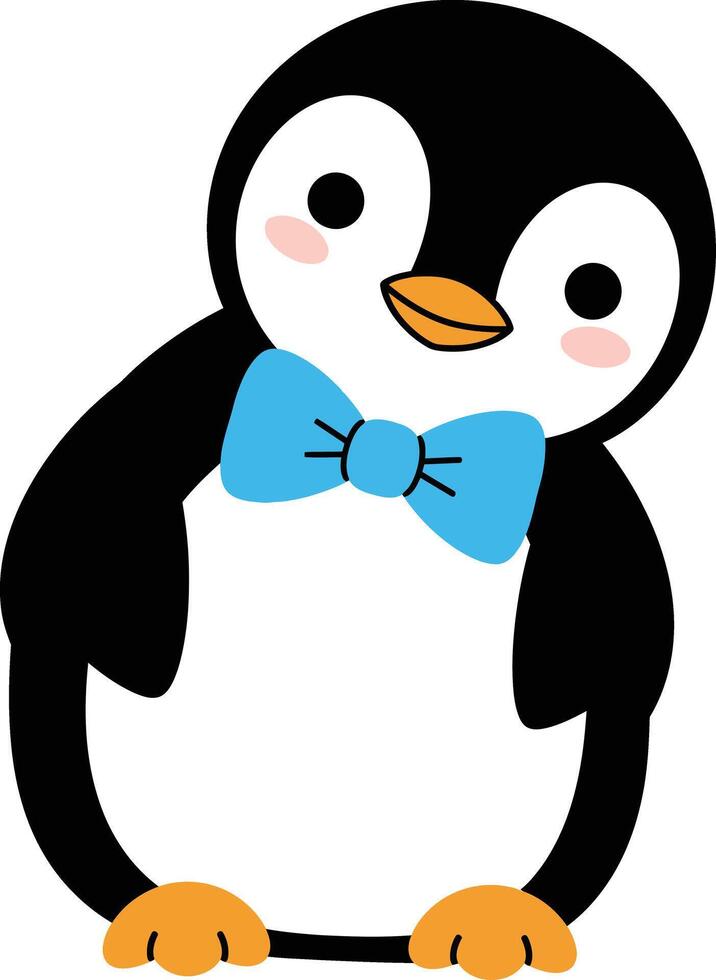 Cute penguin with blue bow tie cartoon character in simple style for children and fun designs illustration vector