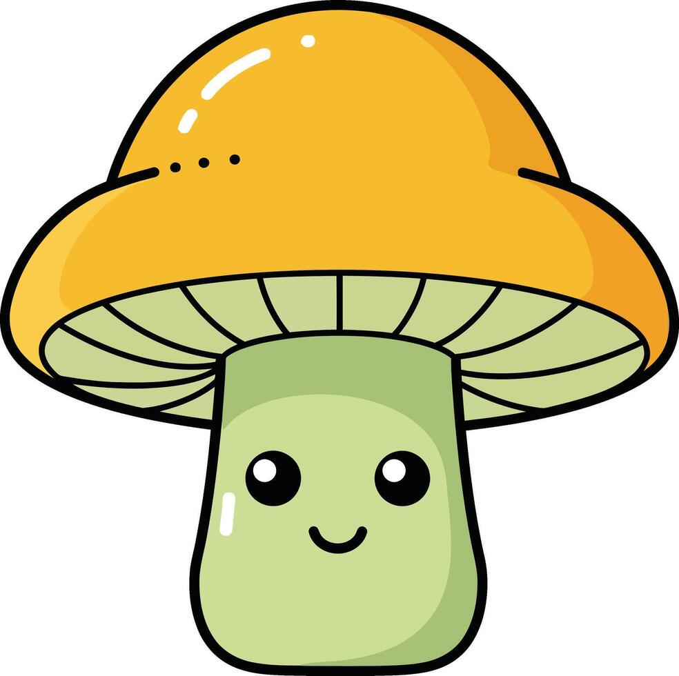 Cute cartoon mushroom with yellow cap and green stem smiling illustration for children and nature designs vector