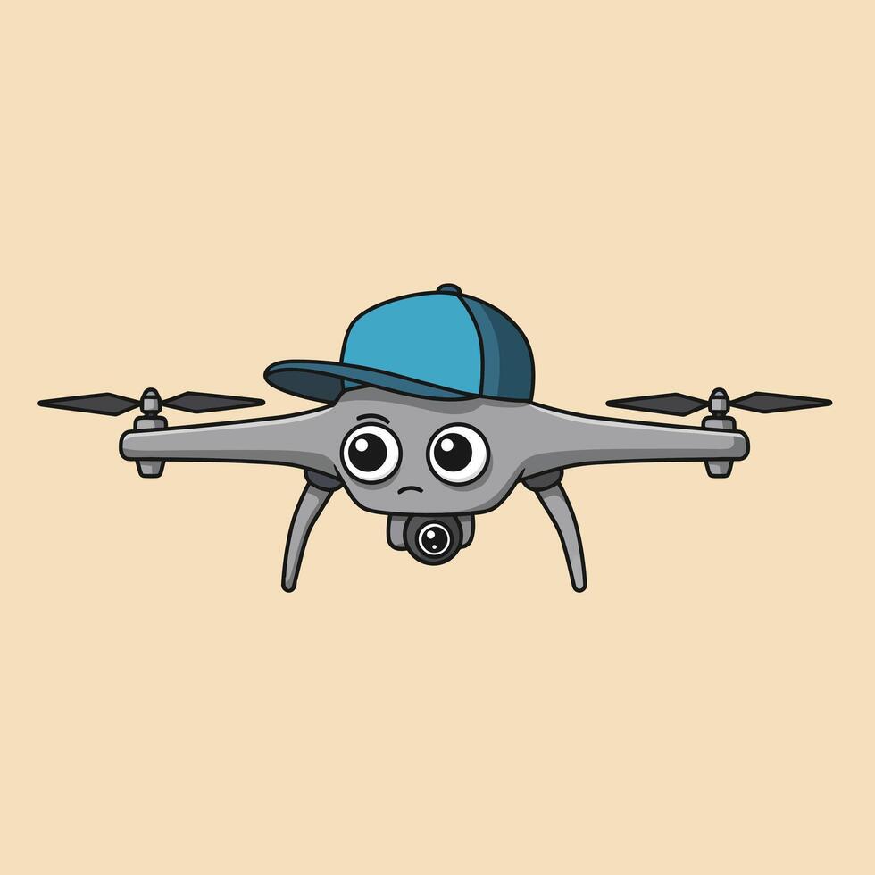 Cute cartoon drone with blue cap flying front view illustration for technology and leisure design vector