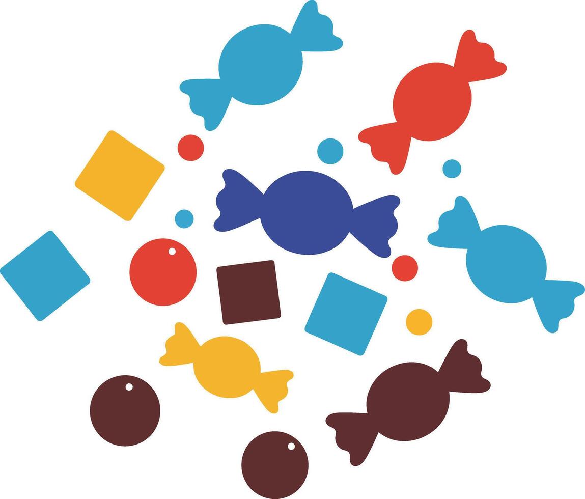 Colorful candy assortment with blue red yellow brown sweets illustration for fun and playful design vector