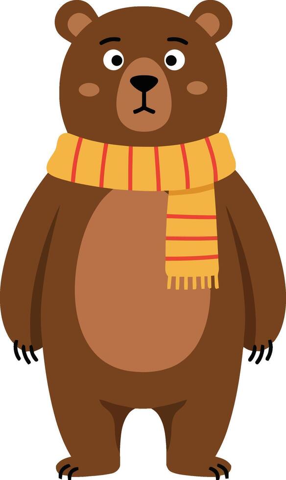 Brown bear wearing striped scarf standing upright in simple cartoon style illustration vector