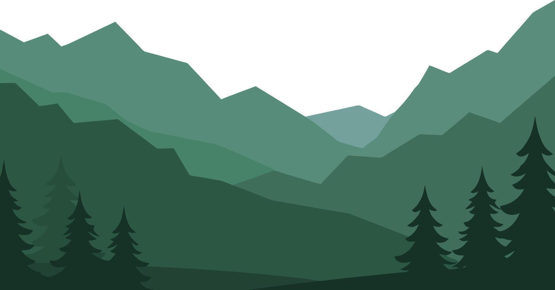 Mountain landscape with layered green hills and pine trees in minimal style illustration vector