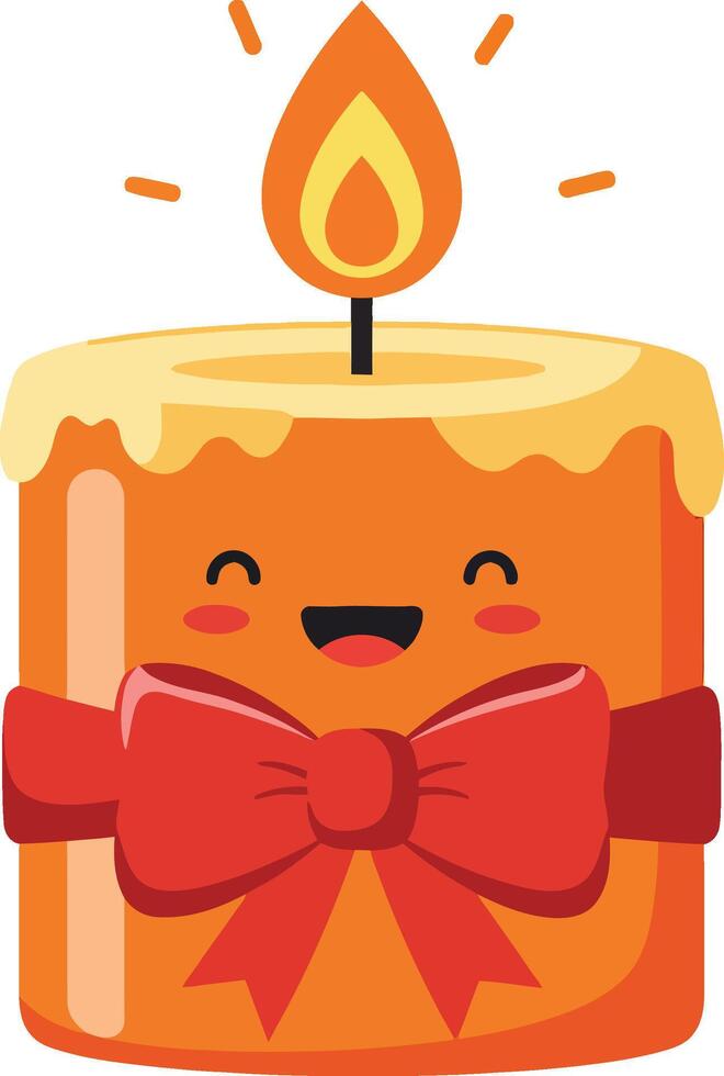 Cute orange birthday candle with smiling face and red bow illustration for celebration decoration design vector