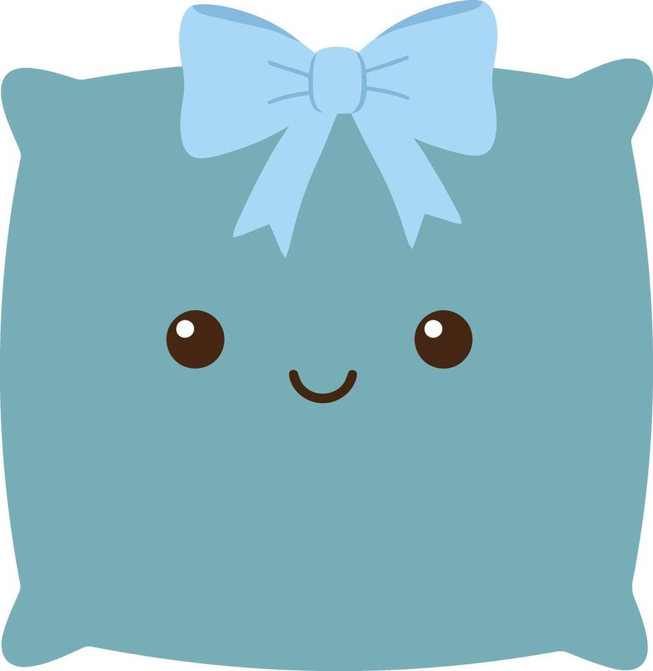 Cute blue pillow with smiling face and decorative bow illustration for cozy home decor and comfort design vector