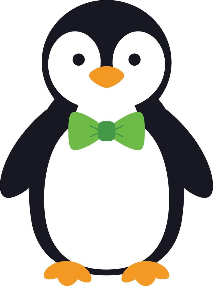 Cute penguin wearing green bow tie simple cartoon character illustration for children and design projects vector