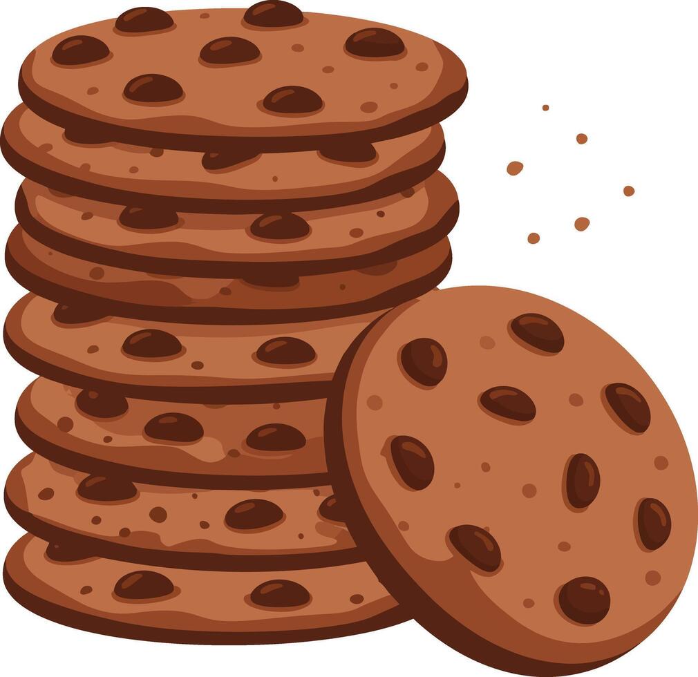 Chocolate chip cookies stacked with one cookie leaning and crumbs falling in illustration vector