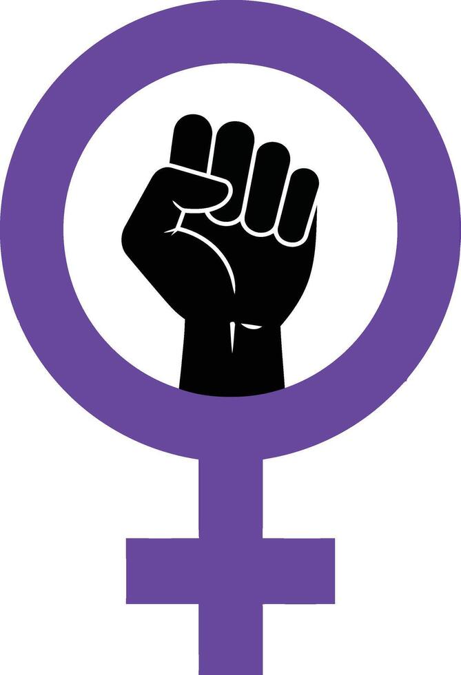 Feminist symbol with raised black fist inside purple female gender icon representing womens empowerment and equality illustration vector