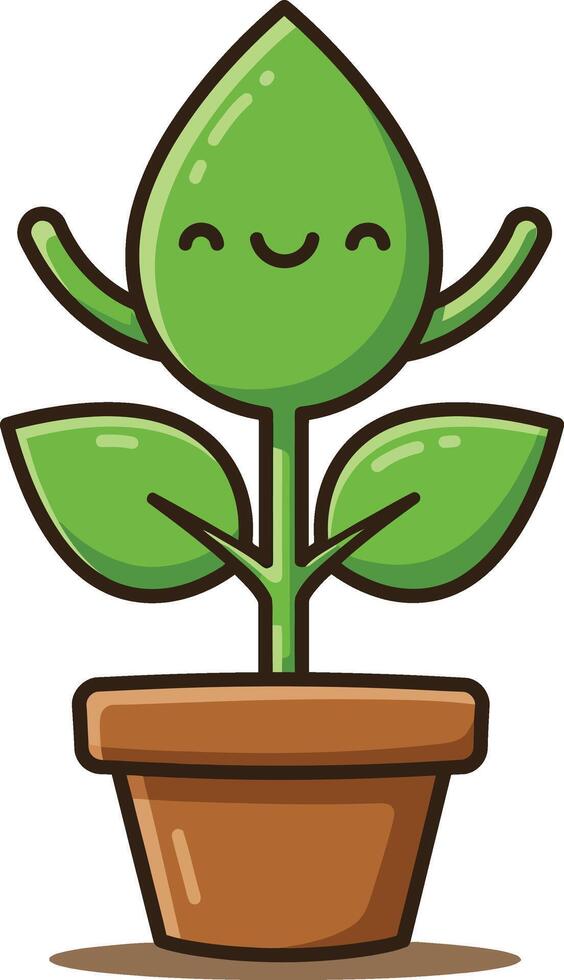 Happy green plant with smiling face in brown flower pot illustration for lifestyle and nature themes vector