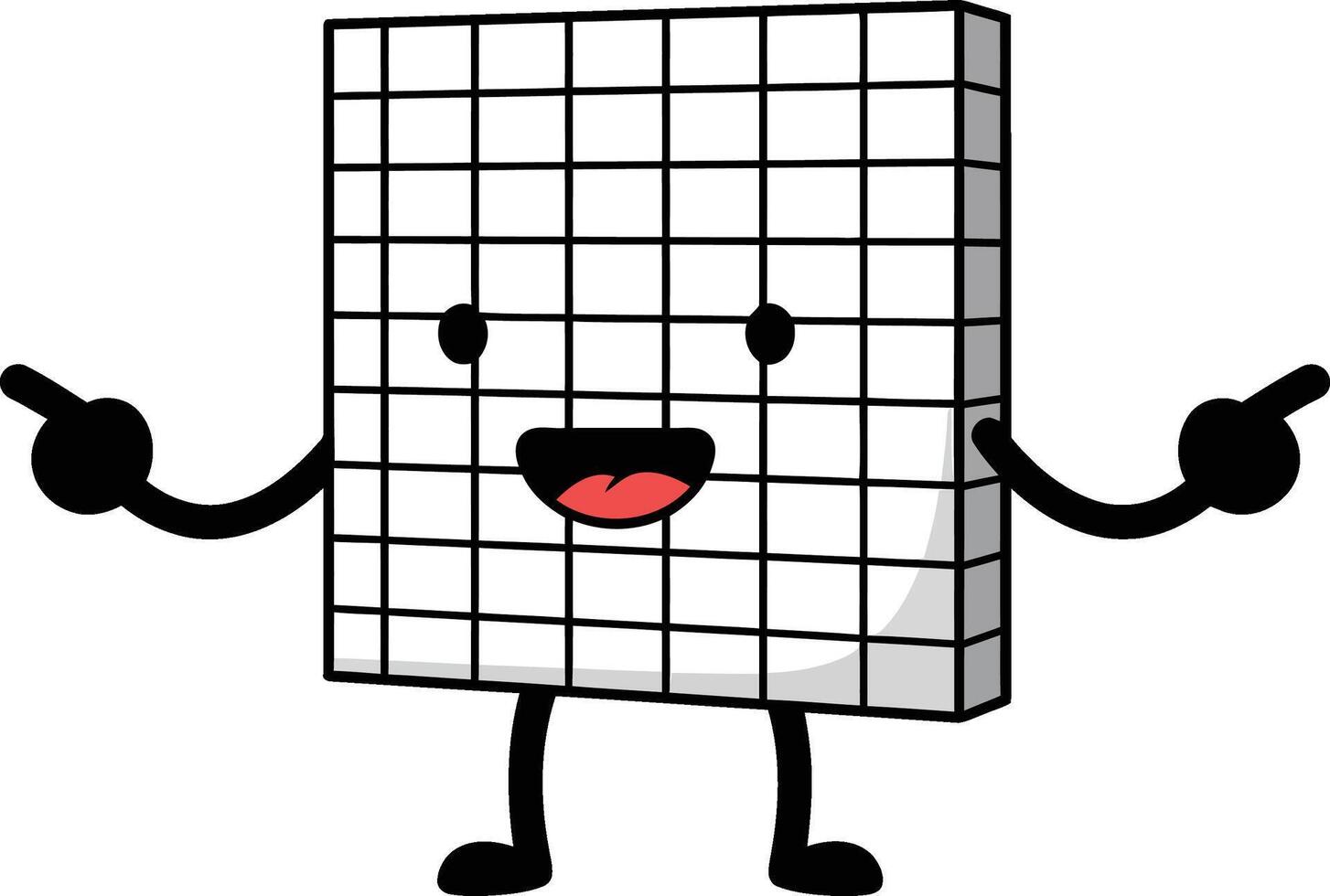 Cartoon grid cube character with smiling face and pointing arms illustration vector