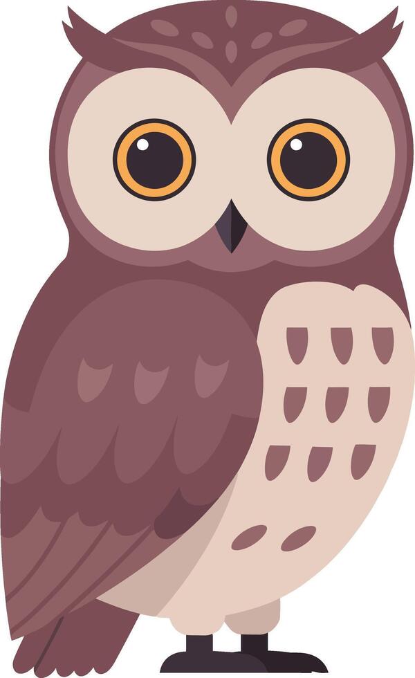 Owl illustration with brown and beige feathers standing on white background in simple flat design style vector