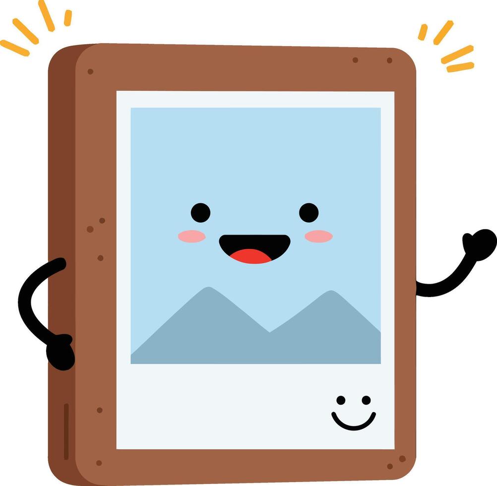 Smiling photo frame cartoon character with brown border and blue picture inside illustration vector