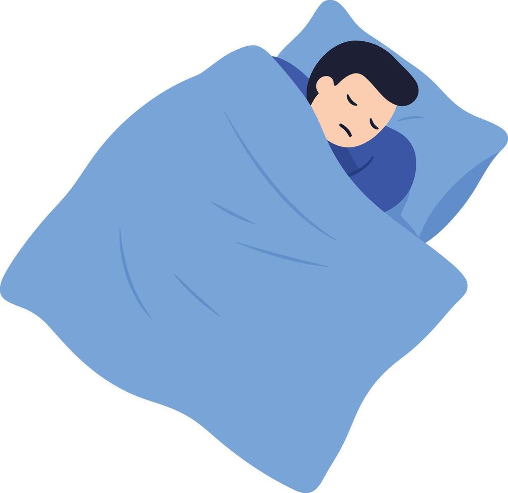 Man sleeping under blue blanket on pillow in restful nighttime sleep illustration vector