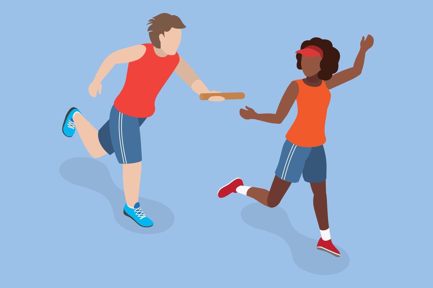 3D Isometric Flat Illustration of Thrilling Relay Race, Speedy and Precise Relay Race Demonstrates Male and Female Sprinters Teamwork. vector