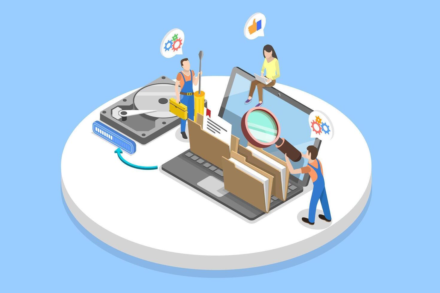3D Isometric Flat Illustration of Data Recovery Service, Backup and Protection, Hardware Repair vector