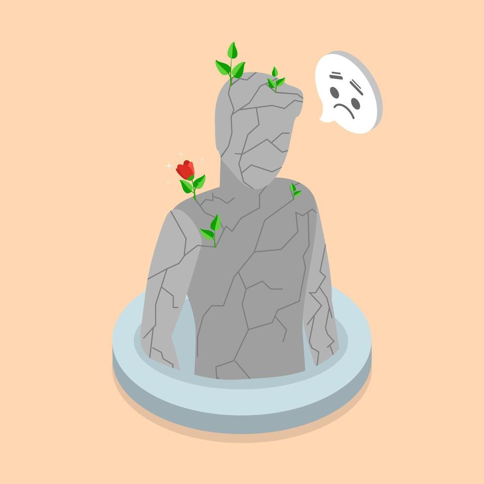 3D Isometric Flat Illustration of Rebirth, Lonely Figure with Flower Growing on him Symbolizes Solitude and Isolation. vector