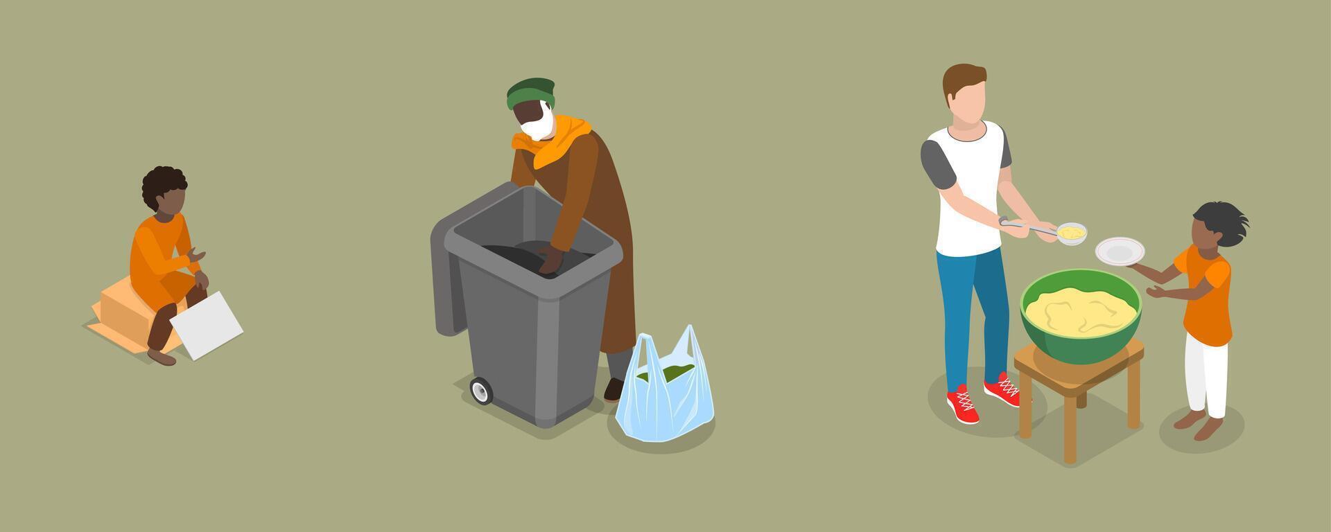 3D Isometric Flat Illustration of Food Crisis, Support of People in Need vector