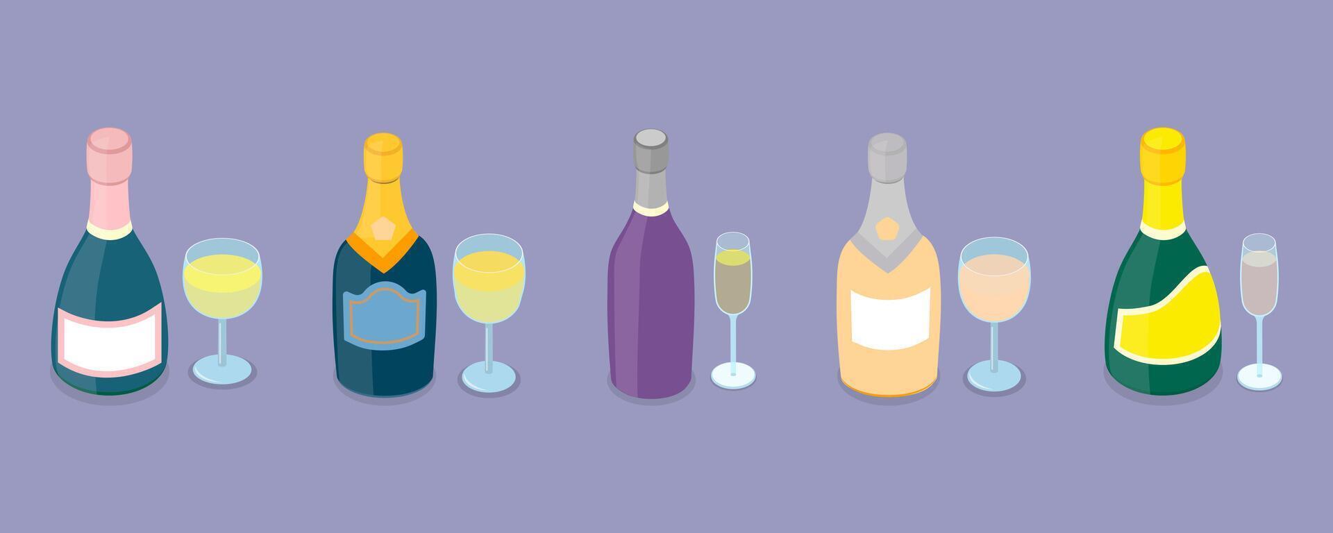 3D Isometric Flat Set of Champagne Bottles, Sparkle Wine vector