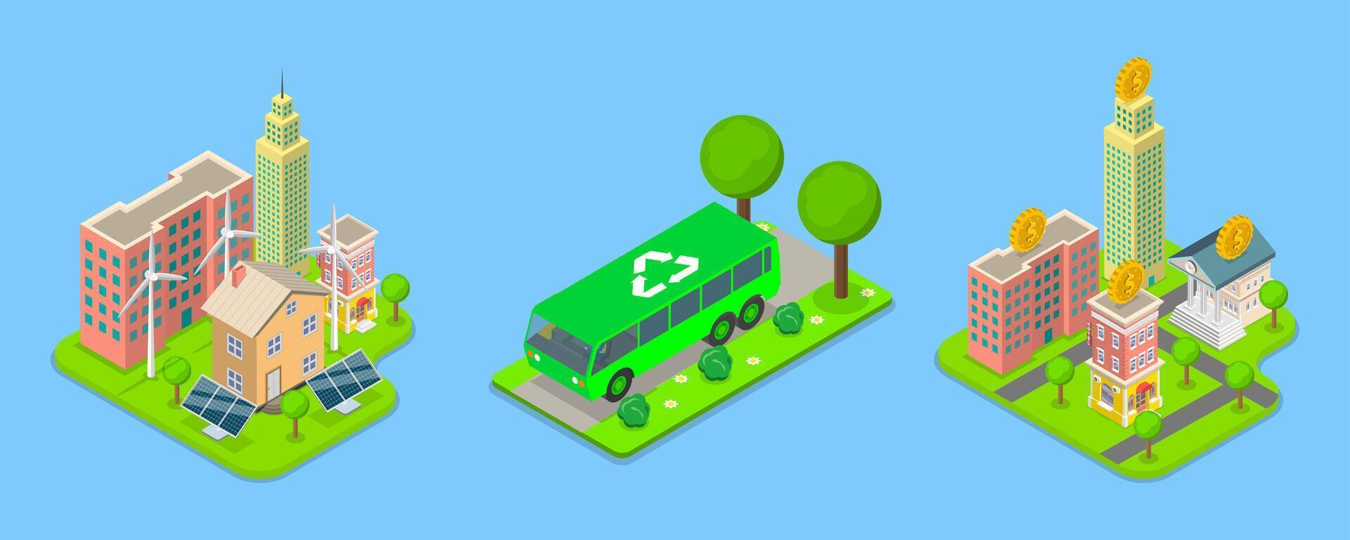 3D Isometric Flat Illustration of Energy Efficiency, Essential Elements of Green City vector