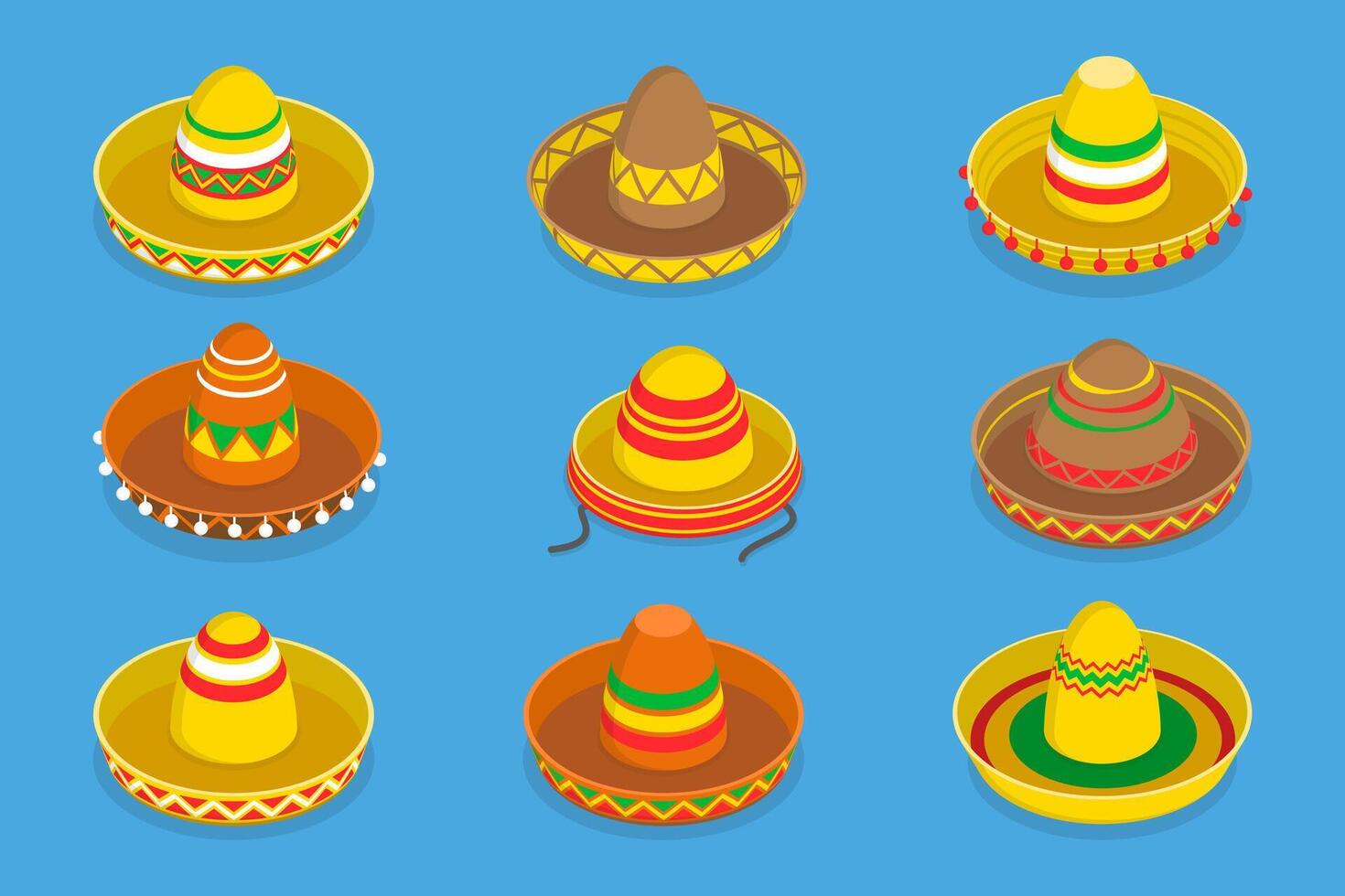 3D Isometric Flat Set of Mexican Hats, Traditional Costume Elements vector