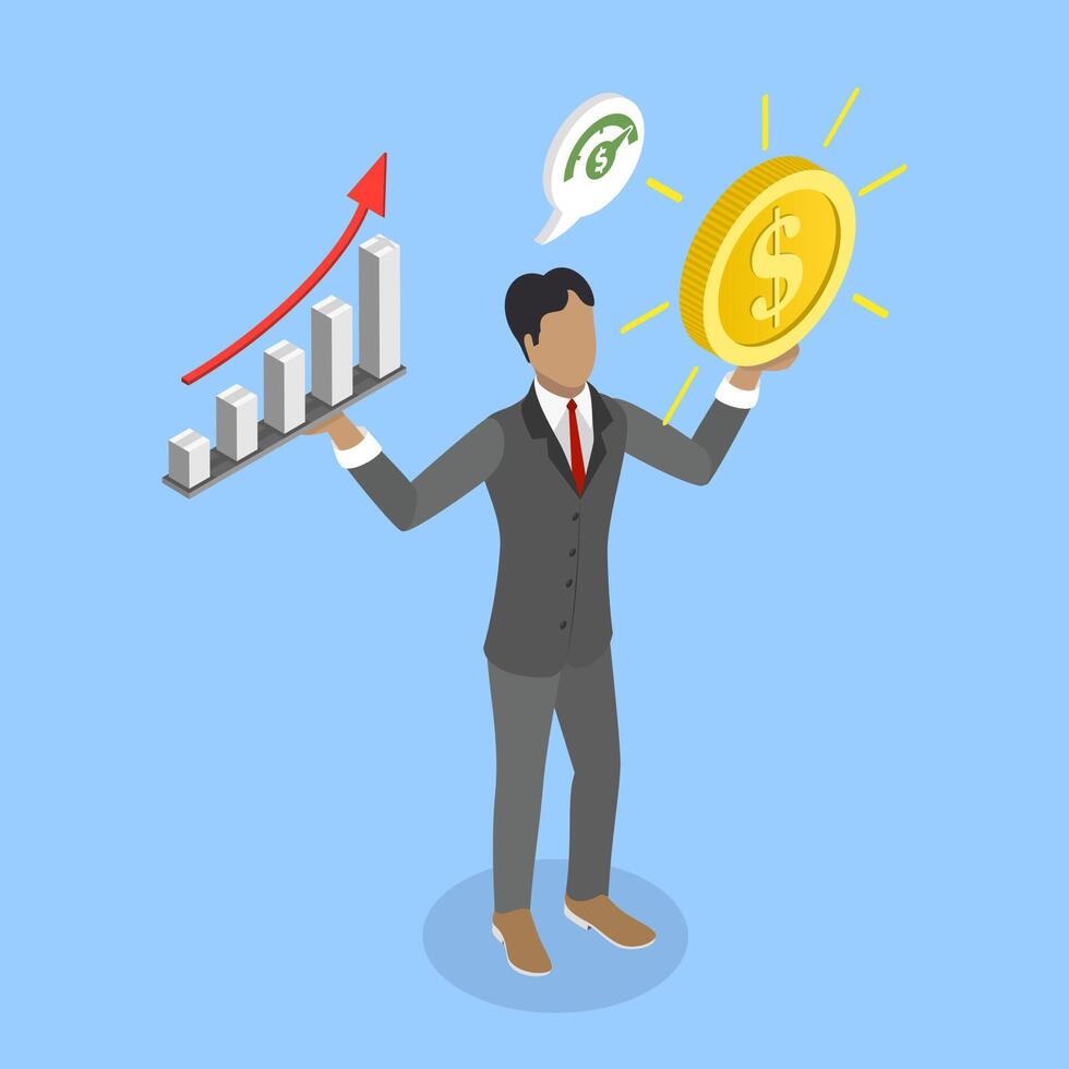 3D Isometric Flat Illustration of Value and Price Balance, Value Stock Vs Growth Stock vector