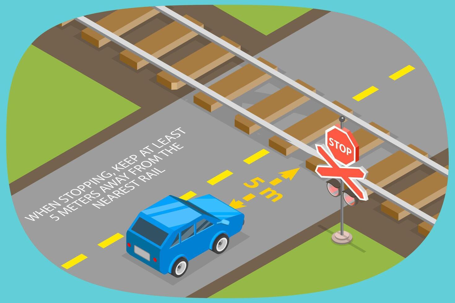 3D Isometric Flat Illustration of Railway Crossing, Requirements and Guidelines for Safe Driving Practices vector