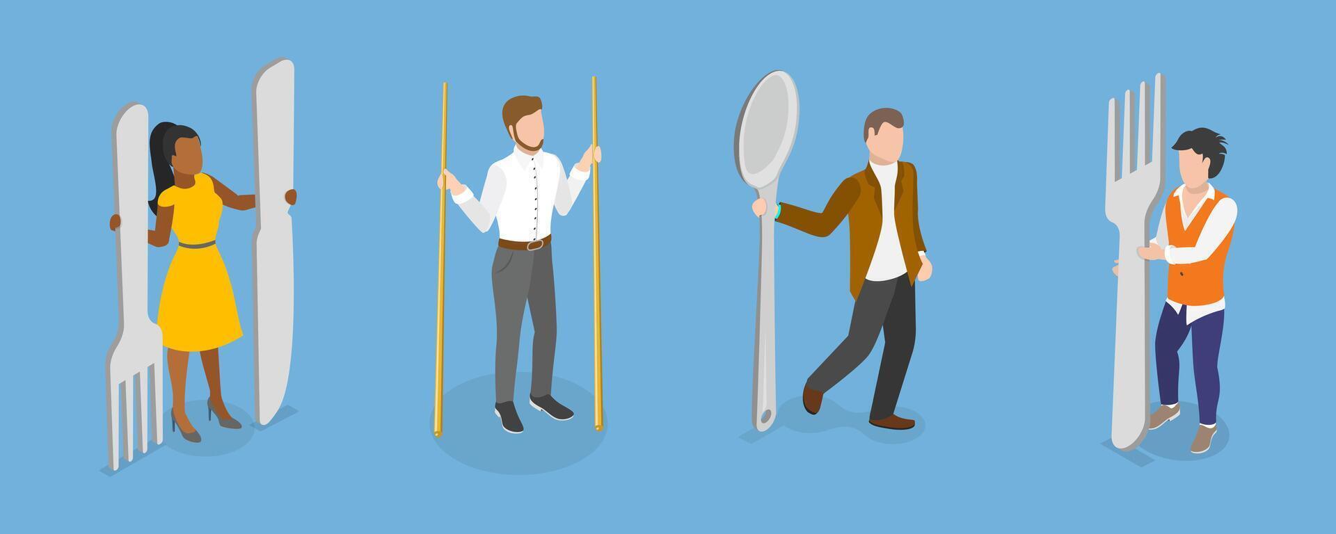 3D Isometric Flat Illustration of Kitchen Utensils, People Holding Knife, Spoon, Fork and Chopsticks vector