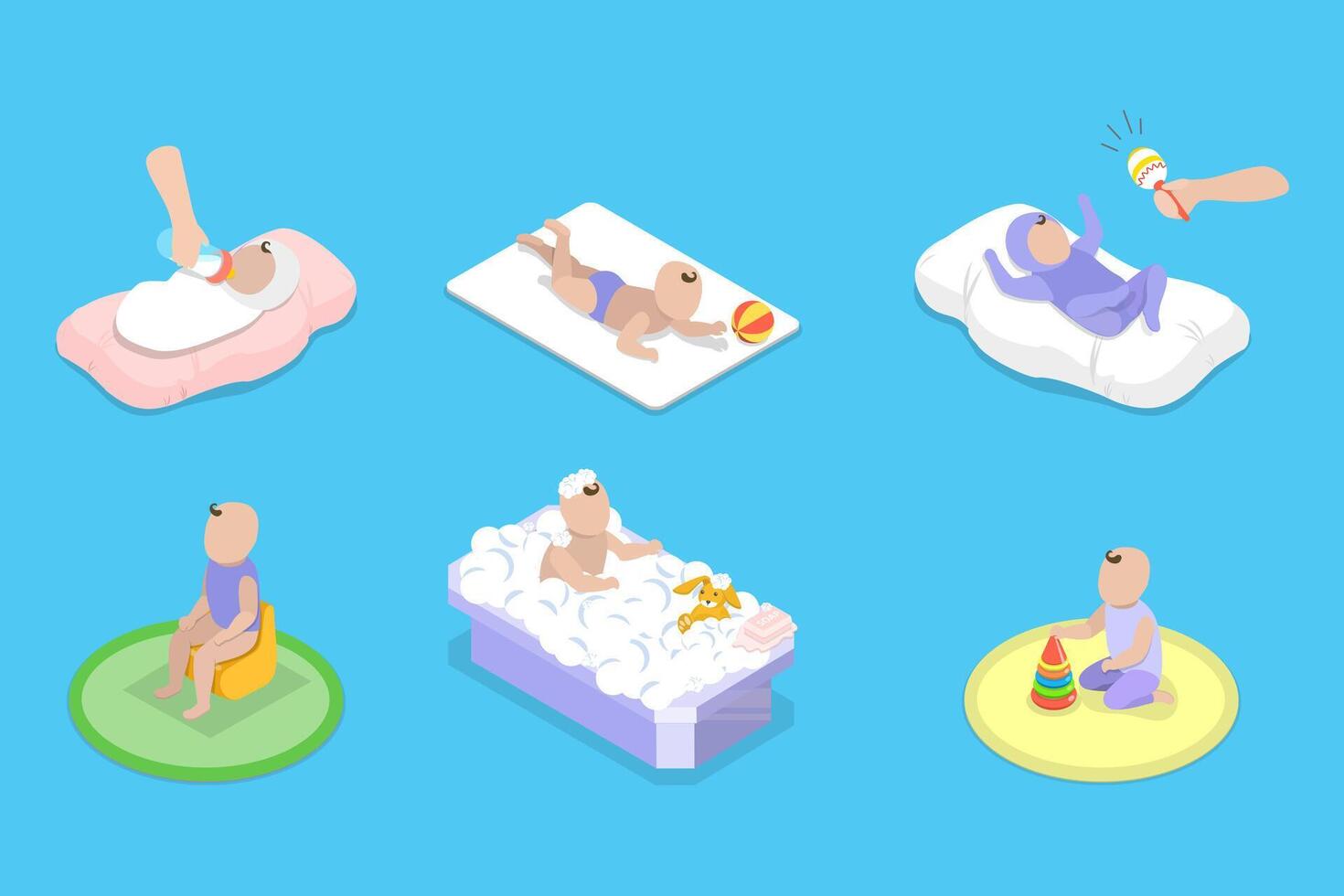 3D Isometric Flat Set of BabyBorn Care Routine, Motherhood and Childhood vector
