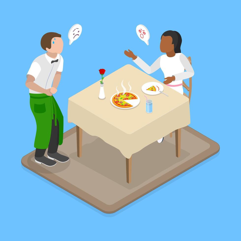 3D Isometric Flat Illustration of Dissatisfied Restaurant Client, Service Problem vector