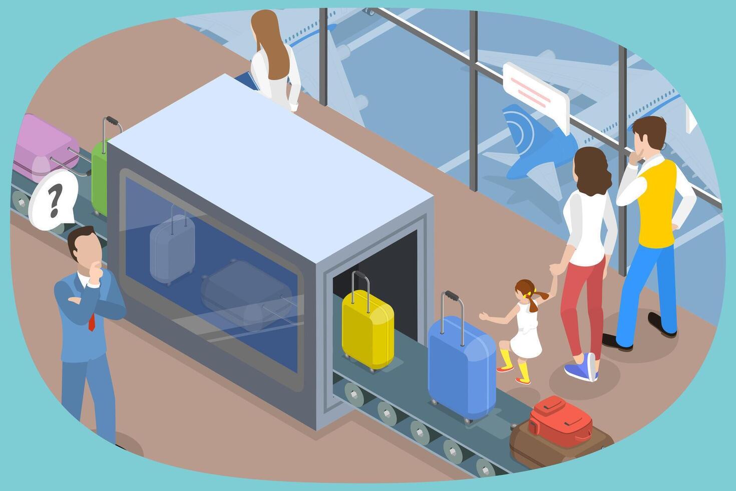 3D Isometric Flat Illustration of Baggage Suitcases Scanning, Luggage Claim Carousel at the Airport vector