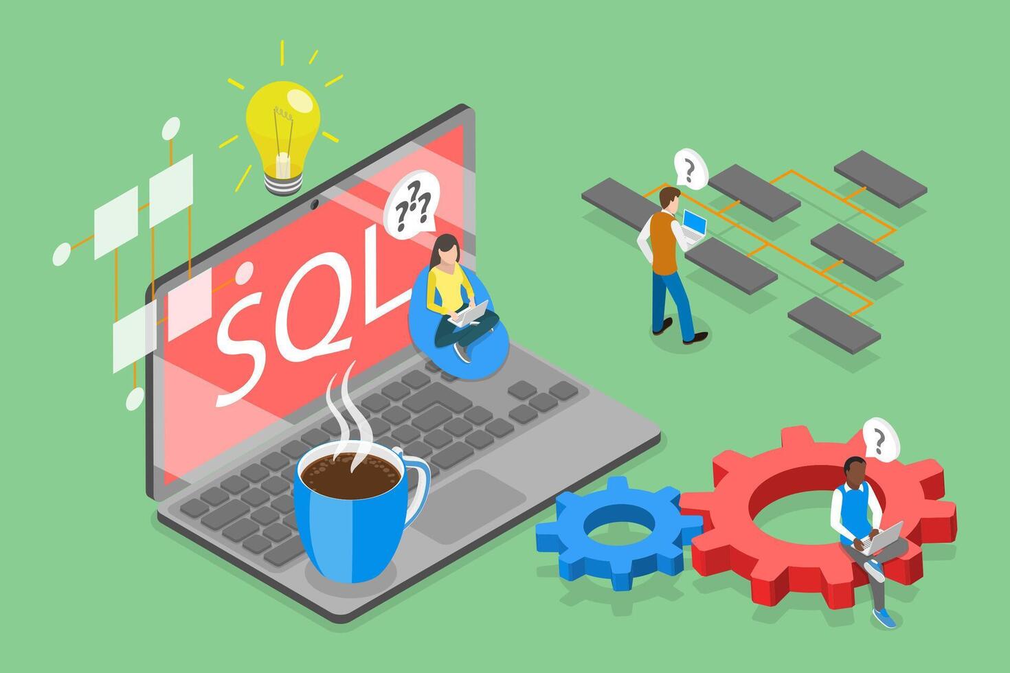 3D Isometric Flat Illustration of Structured Query Language Acronym, SQL, Database Programming vector